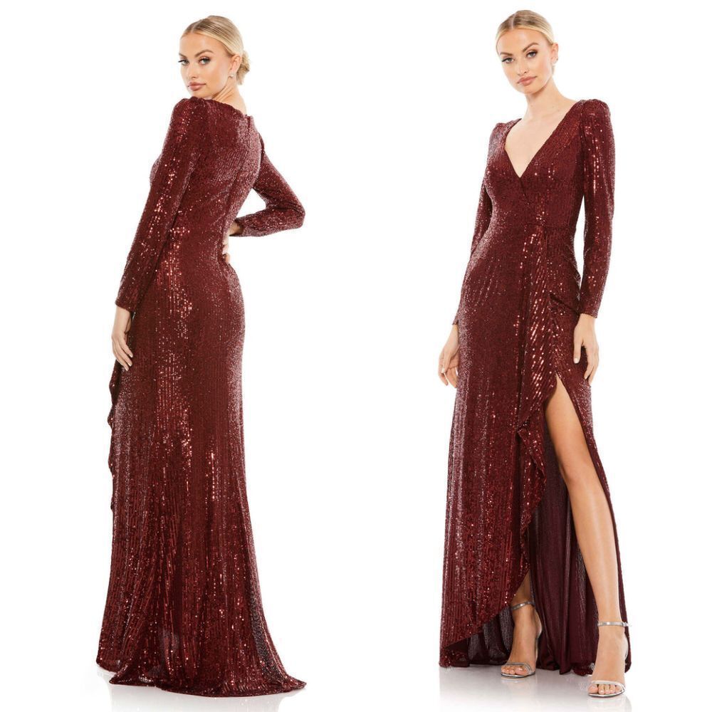 Mac Duggal Ieena NEW Sequined Faux Wrap Long Sleeve Gown in Wine Red -‎ Size 4